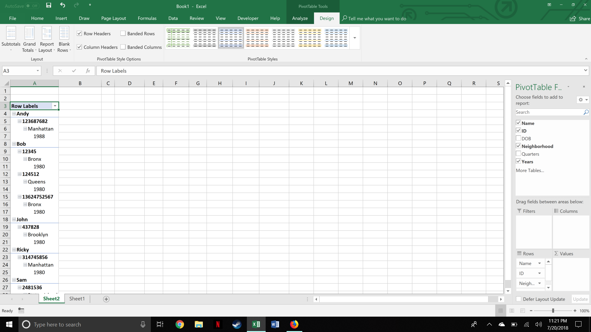 Excel's "Design" tab