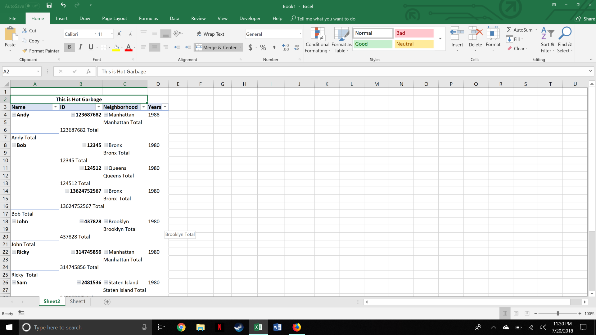 Tabular format layout