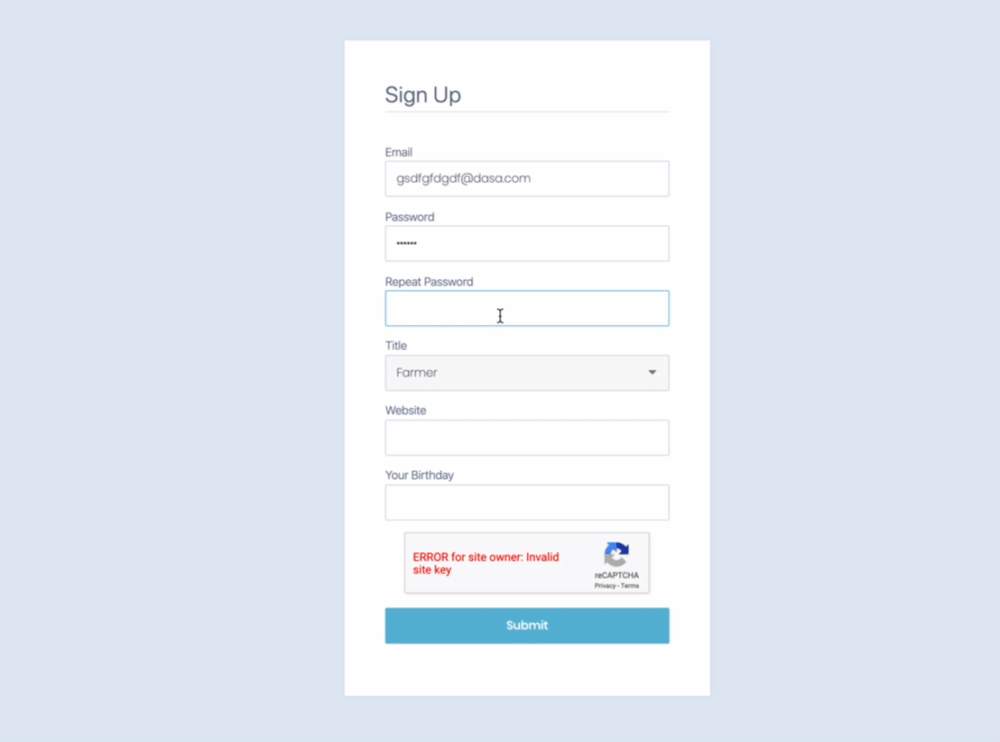 Example user signup form with Flask-WTF